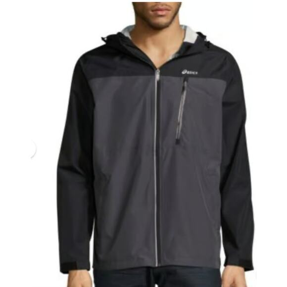 ASICS Men’s Running Rain Jacket Coat  Hooded Windbreaker Size XL Gray Black - Picture 1 of 7